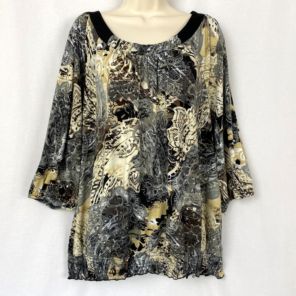 Dressbarn Top 2X Blouson Dolman Sleeve Slinky Knit Paisley Gray Tan Vintage Y2K